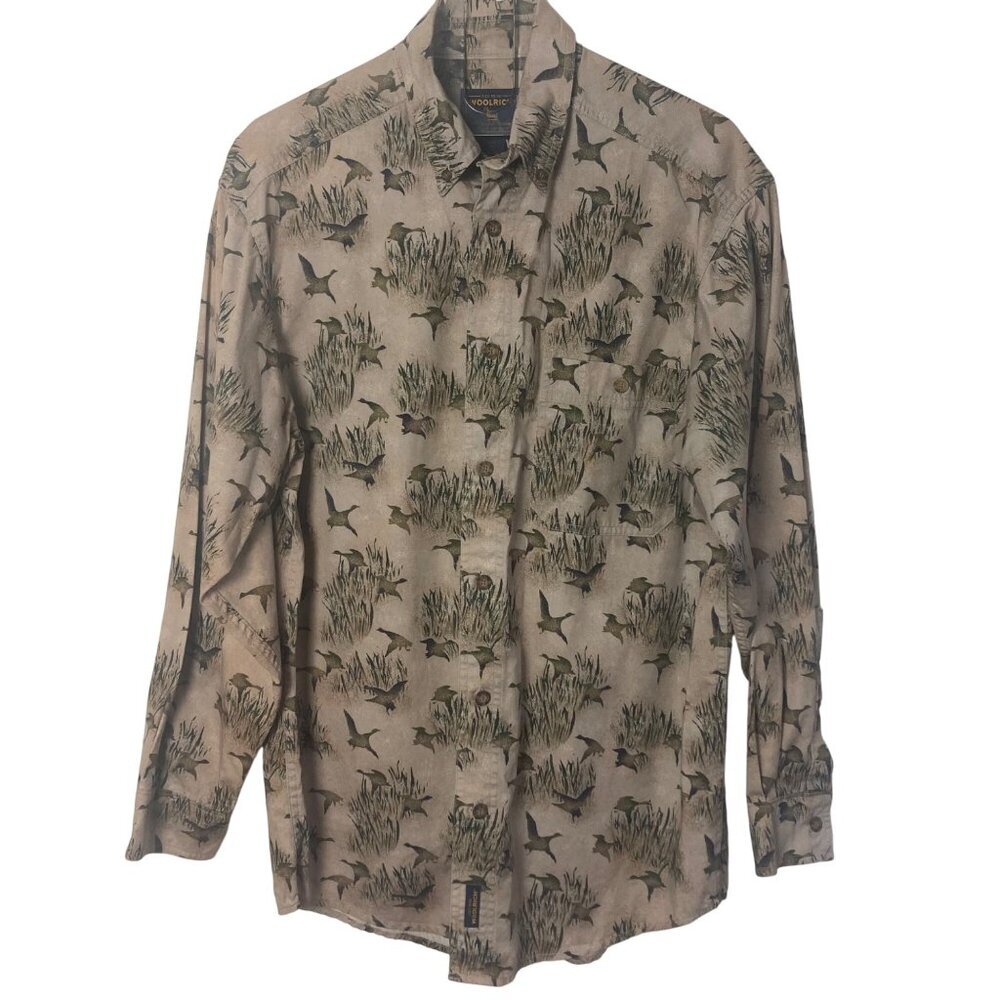 Woolrich Khaki Duck Shirt Mens Medium Beige Cotton Button Down Outdoor Hunting
